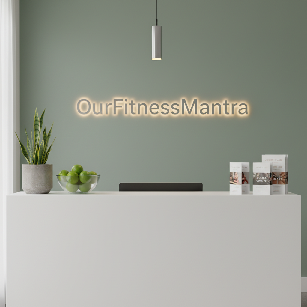 A serene wellness vignette within a women’s fitness studio reception area, featuring a minimalist white reception desk with a smooth matte finish, topped with a clear glass bowl of fresh green lemons and limes, a small potted snake plant in a concrete planter, and a neatly arranged stack of informational brochures about yoga, zumba, and cardio programs. Behind the desk, a muted sage-green wall displays the “OurFitnessMantra” name in brushed metal letters, softly backlit by hidden LED strips that create a gentle halo effect. The scene is illuminated by diffused daylight streaming through large windows out of frame, complemented by a single modern pendant light above the desk. Photographic realism, straight-on composition with balanced framing, evoking a welcoming, professional, and health-focused ambiance suitable for the site’s homepage hero image.
