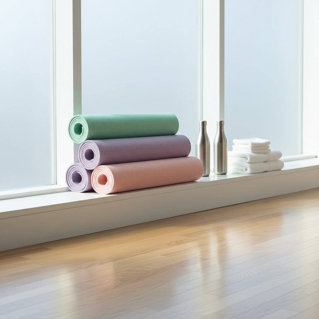 A neatly arranged corner of a women’s fitness studio, featuring a stack of pastel-colored yoga mats—mint, lavender, and blush—made of textured, non-slip foam, rolled tightly and aligned on a matte white wooden shelf. The studio floor is smooth light oak, freshly cleaned, reflecting a soft sheen. Large frosted windows line the background, allowing diffused morning sunlight to bathe the space in a gentle glow, creating subtle shadows under the mats. A few neatly placed stainless steel water bottles and folded cotton towels add functional detail. Photographic realism at eye level with a slightly wide angle, sharp focus throughout, conveying a professional, calm, and inviting atmosphere ideal for women’s wellness branding.